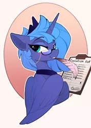 Size: 1560x2185 | Tagged: safe, artist:yakovlev-vad, derpibooru import, princess luna, alicorn, pony, abstract background, blushing, clipboard, cute, equation, female, glasses, hit list, looking at you, looking back, looking over shoulder, lunabetes, mare, math, mouth hold, quill, quill pen, raised eyebrow, s1 luna, simple background, solo, this will end in death