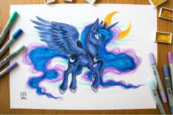 Size: 819x545 | Tagged: safe, artist:kattvalk, derpibooru import, princess luna, alicorn, pony, copic, female, flying, mare, marker drawing, markers, moon, smiling, solo, traditional art