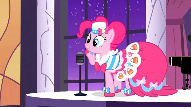 Size: 1280x720 | Tagged: safe, derpibooru import, screencap, pinkie pie, earth pony, pony, the best night ever, clothes, costume, female, grand galloping gala, mare, microphone, night, pony pokey, solo, stars