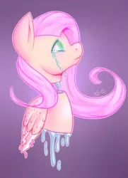 Size: 1827x2518 | Tagged: semi-grimdark, artist:breeoche, derpibooru import, fluttershy, pegasus, pony, blood, bust, candy gore, crying, decapitated, disembodied head, female, gore, green blood, looking up, portrait, profile, severed head, simple background, solo, teary eyes, wings