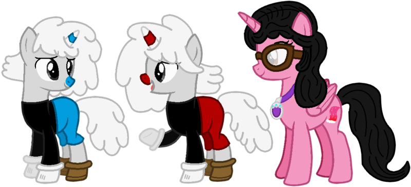 Size: 1109x505 | Tagged: safe, artist:8-bitspider, artist:kurisha-chan, artist:user15432, derpibooru import, oc, oc:aaliyah, ponified, alicorn, pony, unicorn, aaliyah, alicorn oc, alicornified, amulet, base used, black shirt, blue nose, clothes, crossover, cuphead, cuphead (character), glasses, gloves, jewelry, long sleeve shirt, long sleeves, mugman, necklace, race swap, red nose, shoes, shorts, simple background, studio mdhr, transparent background