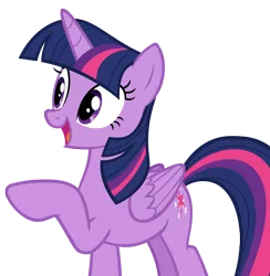 Size: 2488x2544 | Tagged: safe, artist:andoanimalia, derpibooru import, twilight sparkle, twilight sparkle (alicorn), alicorn, pony, surf and/or turf, female, mare, open mouth, pointing, raised hoof, simple background, solo, transparent background, vector