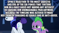 Size: 1280x720 | Tagged: safe, derpibooru import, edit, edited screencap, screencap, rarity, spike, dragon, unicorn, the cutie re-mark, abuse, alternate timeline, backpack, blatant lies, downvote bait, go to sleep garble, image macro, masochism, meme, night maid rarity, nightmare takeover timeline, op is trying too hard, sad, sadism, sadistic rarity, spikeabuse, text