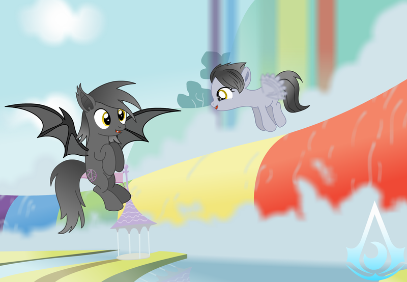 Size: 1971x1366 | Tagged: safe, artist:darktailsko, derpibooru import, oc, oc:fireworksshadow, oc:silver shadow, bat pony, pegasus, pony, bday, birthday, child, dad, family bonding, father, first flying lessons, flight, flying, son, traditional art, winsome falls