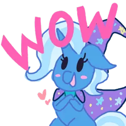 Size: 500x500 | Tagged: safe, artist:dragonpone, derpibooru import, trixie, pony, unicorn, blush sticker, blushing, cape, clothes, cute, dialogue, diatrixes, female, floppy ears, hat, heart, mare, meme, simple background, smiling, solo, transparent background, trixie's cape, trixie's hat, wow, wow! glimmer