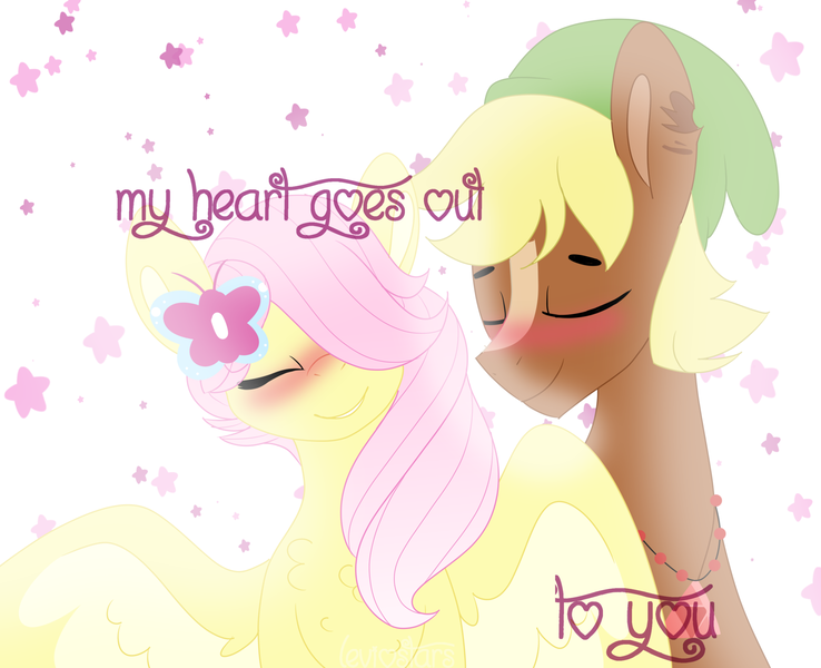 Size: 1600x1300 | Tagged: artist:leviostars, blushing, cute, derpibooru import, eyes closed, female, flutterhearts, fluttershy, hair over one eye, hairpin, link, male, quarterbetes, quarter hearts, safe, shipping, straight, the legend of zelda