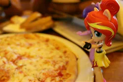 Size: 6000x4000 | Tagged: safe, artist:artofmagicpoland, derpibooru import, sci-twi, sunset shimmer, twilight sparkle, equestria girls, equestria girls series, clothes, doll, equestria girls minis, eqventures of the minis, female, food, hungry, pizza, solo, swimsuit, toy