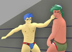 Size: 1600x1163 | Tagged: suggestive, artist:supermaxx92, derpibooru import, flash sentry, timber spruce, equestria girls, crotch bulge, male, nipples, nudity, plot, punch, speedo, sports, wrestling