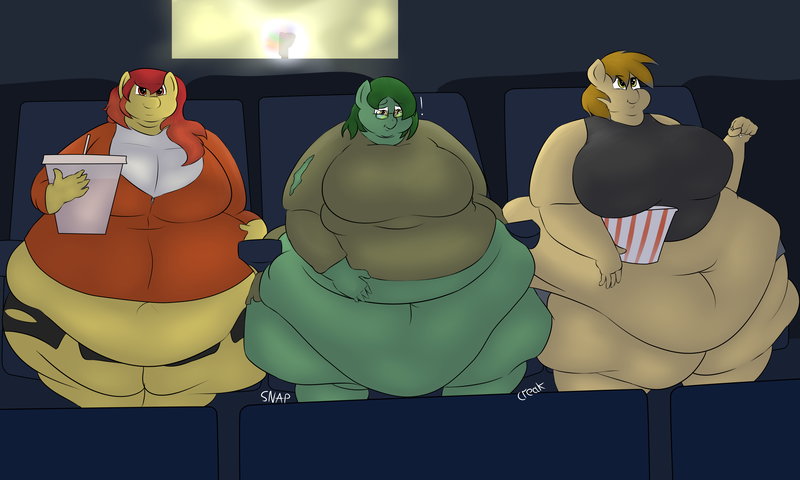 Size: 5000x3000 | Tagged: anthro, artist:lupin quill, bbw, belly, belly button, big belly, big breasts, breasts, chubby cheeks, cinema, clothes, derpibooru import, double chin, fat, food, hoodie, morbidly obese, obese, oc, oc:abilene, oc:flamespitter, oc:haphazard, popcorn, property damage, questionable, rolls of fat, shorts, sitting, skirt, soda, squish, ssbbw, stuck, thunder thighs, tight clothing, unofficial characters only, wardrobe malfunction, wide hips