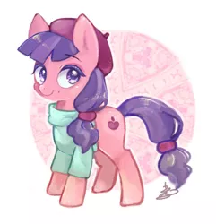 Size: 840x871 | Tagged: safe, artist:sibashen, derpibooru import, raspberry beret, earth pony, pony, horse play, beauty mark, beret, clothes, female, hat, looking at you, mare, shirt, smiling, solo