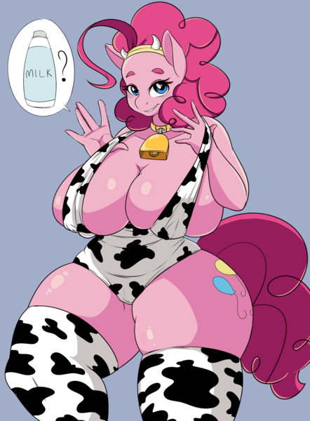 Size: 1280x1736 | Tagged: suggestive, artist:cabrony, artist:celine-artnsfw, color edit, derpibooru import, edit, pinkie pie, anthro, earth pony, absolute cleavage, bell, bell collar, big breasts, breasts, busty pinkie pie, cleavage, clothes, collar, colored, cowbell, cow girl, cowprint, erect nipples, fake horns, female, headband, huge breasts, looking at you, mare, nipple outline, one-piece swimsuit, pictogram, pincow pie, plump, simple background, solo, solo female, stockings, swimsuit, thigh highs, thunder thighs