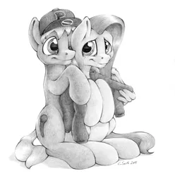 Size: 2512x2528 | Tagged: safe, artist:stallionslaughter, derpibooru import, fluttershy, oc, oc:mcarch, canon x oc, clothes, comforting, crying, hat, hug, hug from behind, monochrome, pencil drawing, sweater, traditional art