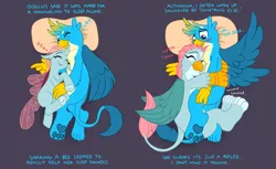 Size: 1613x986 | Tagged: safe, artist:caroo, derpibooru import, gallus, ocellus, changedling, changeling, gryphon, school daze, blushing, chest fluff, cuddlebug, cuddling, cute, diaocelles, disguise, disguised changeling, female, fluffy, frog (hoof), gallabetes, griffonized, hnnng, interspecies, luslus, male, paws, purple background, purring, shipping, simple background, sleeping, snuggling, species swap, spread wings, straight, transformation, underhoof, underpaw, wings, zzz