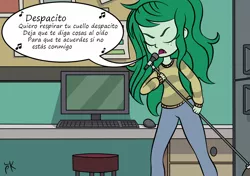 Size: 1280x902 | Tagged: safe, artist:pony4koma, derpibooru import, wallflower blush, equestria girls, equestria girls series, forgotten friendship, battle of the bands, blushing, despacito, embarrassed, exploitable meme, eyes closed, female, invisible, karaoke, luis fonsi, lyrics, meme, solo, song, song reference, spanish, spanish text, text