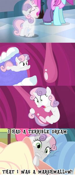 Size: 400x923 | Tagged: comic, derpibooru import, edit, edited screencap, food, for whom the sweetie belle toils, marshmallow, mouth, nightmare, rarity, safe, screencap, screencap comic, somepony to watch over me, sweetie belle, sweetie belle is a marshmallow too, sweetie belle nabbing uvula, teeth, uvula, vore