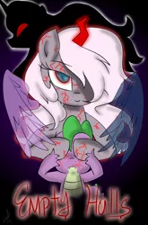 Size: 800x1214 | Tagged: semi-grimdark, artist:emositecc, derpibooru import, spike, oc, oc:nebula, dragon, pony, unicorn, comic:empty halls, cover, covering eyes, glowing eyes, glowing eyes of doom, glowing horn, ominous, ominous shadow, red eyes, red horn, red text, shadow, smiling, text, transparent wings, twilight wing, wings