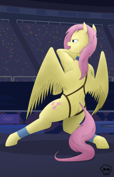 Size: 1600x2473 | Tagged: safe, artist:mighty-muffins, derpibooru import, fluttershy, pony, anatomically incorrect, banner, crowd, cutie mark, equestria games, female, floor routine, gymnast, gymnastics, harness, incorrect leg anatomy, olympics, shading, solo, stadium, straps, summer olympics, tack