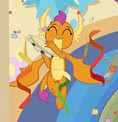 Size: 258x268 | Tagged: animated, confetti, cropped, cute, cute little fangs, derpibooru import, dragon, dragoness, fangs, female, flapping, fluttershy, flying, gif, horns, musical instrument, party, safe, school daze, screencap, smolder, smolderbetes, solo focus, starlight glimmer, tambourine, teenaged dragon, teenager