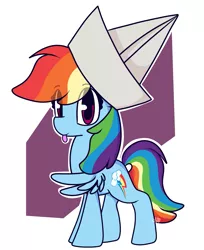 Size: 1455x1787 | Tagged: safe, artist:hedgehog-plant, derpibooru import, rainbow dash, pegasus, pony, :p, backwards cutie mark, female, hat, paper hat, silly, solo, tongue out