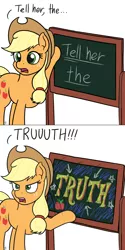 Size: 1280x2563 | Tagged: safe, artist:mkogwheel, derpibooru import, part of a set, applejack, earth pony, genie, pony, horse play, aladdin, chalkboard, comic, cowboy hat, female, hat, mare, reference, simple background, solo, tell her the truth, white background