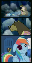 Size: 928x1793 | Tagged: 28 pranks later, abuse, abuse edit, angel bunny, bear, black eye, comic, dashabuse, derpibooru import, downvote bait, edit, edited screencap, fluttershy, harry, karma, parental glideance, poor rainbow dash, prank gone wrong, rainbow dash, screencap, screencap comic, semi-grimdark