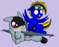 Size: 1116x896 | Tagged: safe, artist:pencil bolt, derpibooru import, oc, oc:mos, oc:tender falcon, unofficial characters only, original species, pegasus, plane pony, pony, f-16, female, goggles, male, mechanic, plane, red eyes, screaming, shock