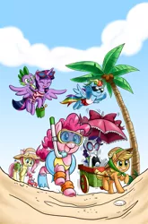 Size: 4063x6165 | Tagged: safe, artist:chibi-jen-hen, derpibooru import, idw, applejack, fluttershy, pinkie pie, rainbow dash, rarity, spike, twilight sparkle, twilight sparkle (alicorn), alicorn, crab, dragon, earth pony, pegasus, pony, unicorn, legends of magic, spoiler:comiclom8, absurd resolution, beach, cart, clothes, diving goggles, female, flippers, flying, glasses, goggles, hat, inflatable, inflatable toy, inner tube, male, mane seven, mane six, mare, palm tree, snorkel, swimming goggles, swimsuit, tree, water wings