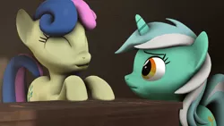 Size: 1920x1080 | Tagged: safe, artist:goatcanon, derpibooru import, bon bon, lyra heartstrings, sweetie drops, earth pony, pony, unicorn, comic:lyra's story, 3d, adorabon, cute, equal town, eyes closed, our town, smiling, sneak peek, source filmmaker, starlight's village