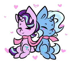 Size: 1000x879 | Tagged: safe, artist:ashee, derpibooru import, starlight glimmer, trixie, pony, unicorn, blushing, chibi, clothes, cute, diatrixes, eyes closed, female, glimmerbetes, heart, lesbian, mare, scarf, shared clothing, shared scarf, shipping, simple background, sitting, smiling, startrix, transparent background