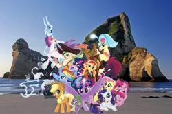 Size: 2048x1363 | Tagged: safe, derpibooru import, editor:superbobiann, applejack, capper dapperpaws, captain celaeno, fluttershy, grubber, pinkie pie, princess skystar, queen novo, rainbow dash, rarity, sci-twi, spike, storm king, sunset shimmer, tempest shadow, twilight sparkle, twilight sparkle (alicorn), abyssinian, alicorn, anthro, earth pony, pegasus, pony, seapony (g4), unicorn, equestria girls, equestria girls series, my little pony: the movie, anthro with ponies, beach, beauty mark, cowboy hat, ear piercing, earring, equestria girls in real life, hat, irl, jewelry, looking at you, male, mane seven, mane six, photo, piercing, pirate hat, ponies in real life, staff, staff of sacanas