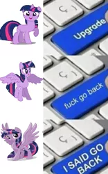 Size: 499x800 | Tagged: alicorn, artist:nightshadowmlp, derpibooru import, exploitable meme, keyboard, meme, my little pony: the movie, safe, smiling, twilight sparkle, twilight sparkle (alicorn), unintentional drama, upgrade, upgrade meme, vulgar