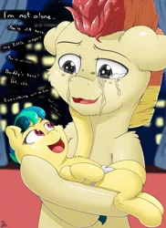 Size: 1400x1920 | Tagged: safe, artist:h3nger, derpibooru import, oc, oc:apogee, oc:jet stream, pegasus, pony, fanfic, baby, crying, fanfic art, father and daughter, female, freckles, male, sad, smiling, stallion, text, younger