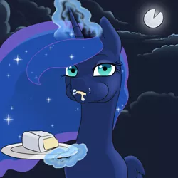 Size: 995x994 | Tagged: safe, artist:arareroll, derpibooru import, edit, princess luna, alicorn, pony, cake, cheese, cheesecake, cloud, cropped, eating, edible heavenly object, female, food, glowing horn, magic, mare, moon, moon pie, night, solo, tangible heavenly object, telekinesis