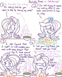 Size: 1280x1611 | Tagged: safe, artist:adorkabletwilightandfriends, derpibooru import, spike, starlight glimmer, dragon, pony, unicorn, comic:adorkable twilight and friends, adorkable friends, angry, blushing, comic, dialogue, duo, female, food, jealous, lineart, lip bite, magic, male, mare, meat, pepperoni, pepperoni pizza, pizza, salad, slice of life, telekinesis