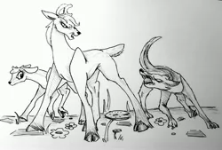 Size: 4032x2720 | Tagged: safe, artist:smirk, derpibooru import, apple bloom, applejack, deer, wolf, cowering, deerified, fawn, growling, monochrome, my little cervine, protecting, species swap, threat, traditional art, wip