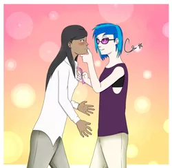 Size: 1850x1800 | Tagged: safe, artist:moondragon1204, derpibooru import, octavia melody, vinyl scratch, human, bedroom eyes, blushing, bowtie, clothes, dark skin, ear piercing, earring, female, holding chin, humanized, jeans, jewelry, lesbian, pants, piercing, scratchtavia, shipping, tanktop