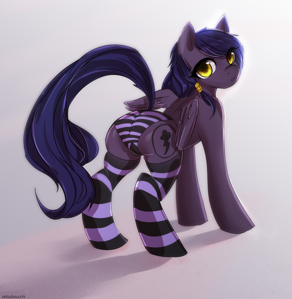 Size: 2650x2710 | Tagged: questionable, artist:zetsuboucchi, derpibooru import, oc, oc:mir, unofficial characters only, pegasus, pony, fallout equestria, clothes, commission, dashite, female, looking back, mare, panties, socks, striped socks, striped underwear, underwear