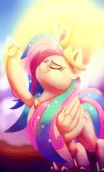 Size: 1217x2000 | Tagged: safe, artist:discorded, derpibooru import, fluttershy, pegasus, pony, horse play, cosplay, costume, crown, cute, eyes closed, fake horn, female, jewelry, regalia, shyabetes, shylestia, solo