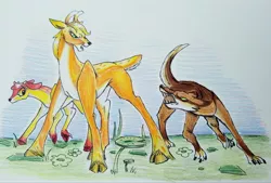 Size: 4032x2725 | Tagged: safe, artist:smirk, derpibooru import, apple bloom, applejack, deer, wolf, cloven hooves, colored hooves, cowering, deerified, doe, fawn, growling, my little cervine, protecting, species swap, traditional art