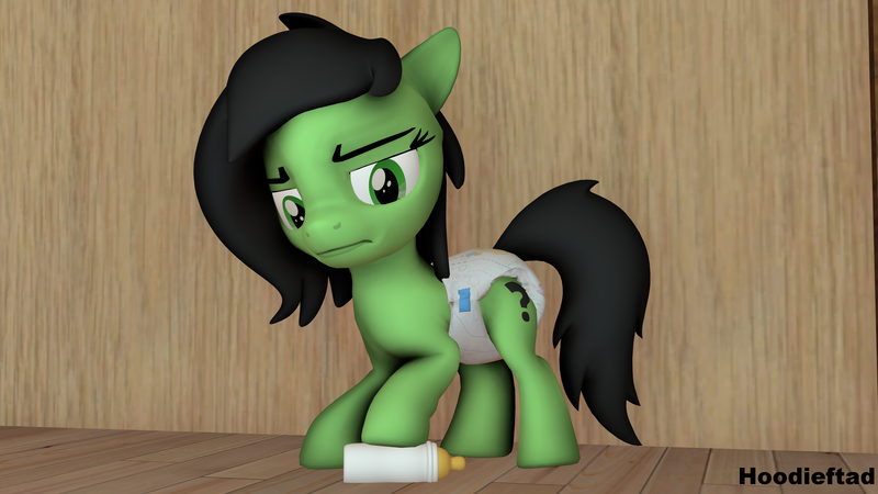 Size: 3840x2160 | Tagged: suggestive, artist:hoodieftad, derpibooru import, oc, oc:anonfilly, unofficial characters only, 3d, baby bottle, diaper, diaper fetish, female, fetish, filly, frown, looking down, solo, source filmmaker