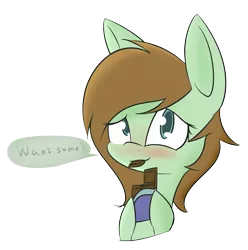 Size: 2089x2105 | Tagged: artist:lofis, asking, blushing, chocolate, cute, derpibooru import, dialogue, eating, female, food, looking at you, mare, oc, oc:mint chocolate, question, safe, simple background, solo, text, transparent background, unofficial characters only