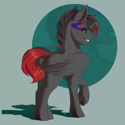 Size: 2000x2000 | Tagged: safe, artist:evehly, derpibooru import, oc, oc:brimstone, unofficial characters only, pegasus, pony, fangs, large wings, lifted leg, looking at you, looking back, looking back at you, male, raised hoof, solo, sombra eyes, stallion, underhoof, wings