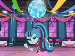 Size: 928x694 | Tagged: safe, derpibooru import, sonata dusk, equestria girls, balloon, begone thot, chair, clenched fist, clothes, disco ball, gem, light, meme, ponytail, siren gem, skirt, smiling, solo, spiked wristband, streamers, table, thot, window, wristband