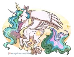 Size: 1024x785 | Tagged: safe, artist:inuhoshi-to-darkpen, derpibooru import, princess celestia, alicorn, classical unicorn, pony, horse play, chest fluff, cloven hooves, crown, cute, cutelestia, ethereal mane, eyes closed, feathered fetlocks, female, fluffy, happy, leonine tail, mare, open mouth, prancelestia, prancing, regalia, simple background, solo, transparent background, unshorn fetlocks