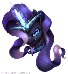 Size: 900x977 | Tagged: safe, artist:thatonegib, derpibooru import, nightmare rarity, pony, unicorn, bust, collar, female, flowing mane, glowing horn, jewelry, looking at you, mare, necklace, patreon link, portrait, simple background, solo, transparent background