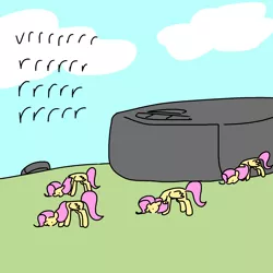 Size: 2000x2000 | Tagged: safe, artist:pencilbrony, derpibooru import, fluttershy, pegasus, pony, dialogue, female, flock, grazing, herbivore, herd, horses doing horse things, mare, multeity, onomatopoeia, role reversal, roomba, roombashy, so much flutter, tiny ponies, vrrr, wat