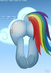 Size: 697x1000 | Tagged: suggestive, artist:lennonblack, derpibooru import, rainbow dash, pegasus, pony, series:helping the ponies, butt, butt only, dialogue, dock, featureless crotch, female, frog (hoof), mare, plot, rainbutt dash, raised tail, rear view, solo, solo female, tail, underhoof