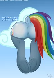 Size: 697x1000 | Tagged: suggestive, artist:lennonblack, derpibooru import, rainbow dash, pegasus, pony, series:helping the ponies, butt, butt only, clothes, cloud, dialogue, dock, featureless crotch, female, frog (hoof), mare, plot, rainbutt dash, raised tail, rear view, sky, solo, solo female, stockings, tail, thigh highs, underhoof