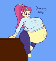 Size: 1429x1553 | Tagged: suggestive, artist:funble, artist:pacificside18, derpibooru import, sour sweet, equestria girls, belly, belly button, big belly, big breasts, breasts, busty sour sweet, clothes, dialogue, female, furniture, huge breasts, hyper, hyper pregnancy, impossibly large belly, outie belly button, pregnant, pregnant equestria girls, simple background, solo, solo female, sweater