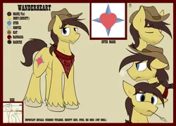 Size: 4000x2874 | Tagged: safe, artist:candel, derpibooru import, oc, oc:wanderheart, unofficial characters only, earth pony, pony, angry, bandana, confused, cowboy hat, hat, male, neckerchief, reference sheet, relaxing, scruffy, size chart, size comparison, stallion, straw, unshorn fetlocks
